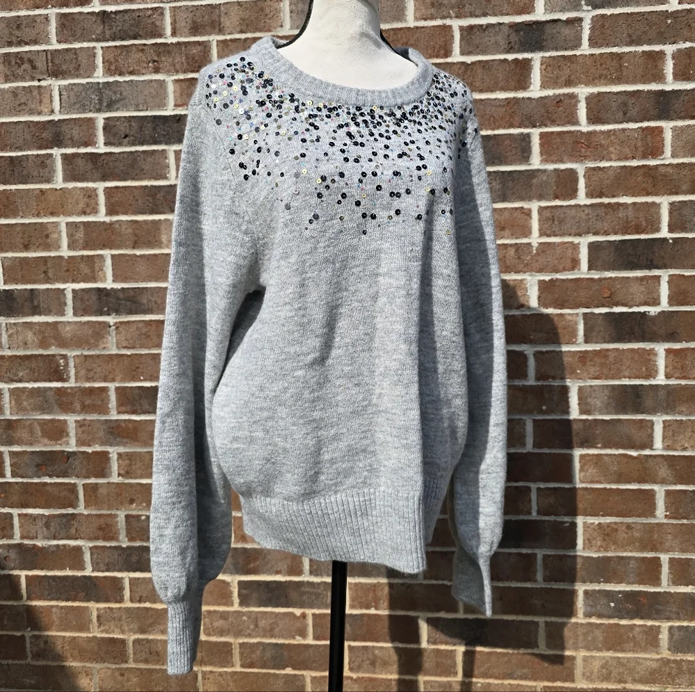 Crown & Ivy Gray Embellished Crew Neck Sweater